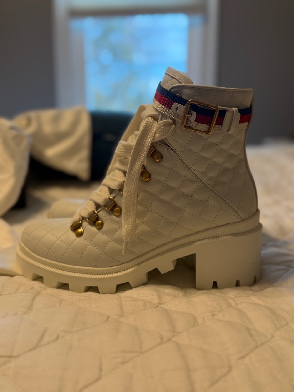 Authentic Gucci Quilted Leather Lace-Up Combat Hiking Boots in Ivory white